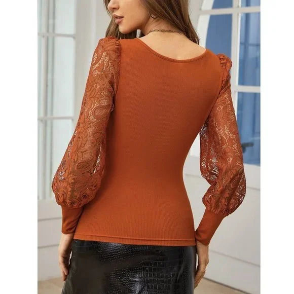 Pumpkin Spice Crochet Sleeve Sweater Top - Orange - Picture 4 of 6